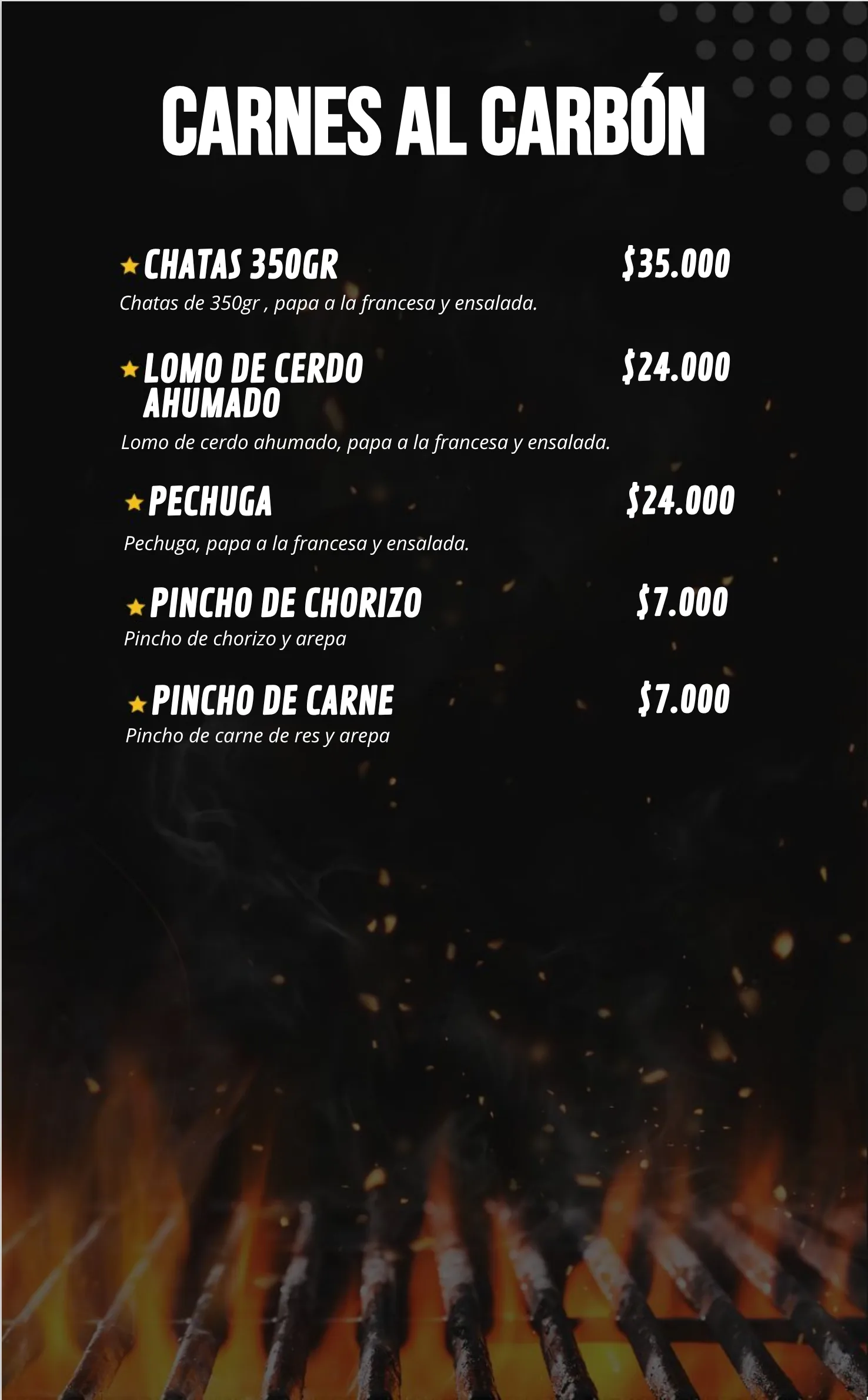 Carnes al carbón con precios