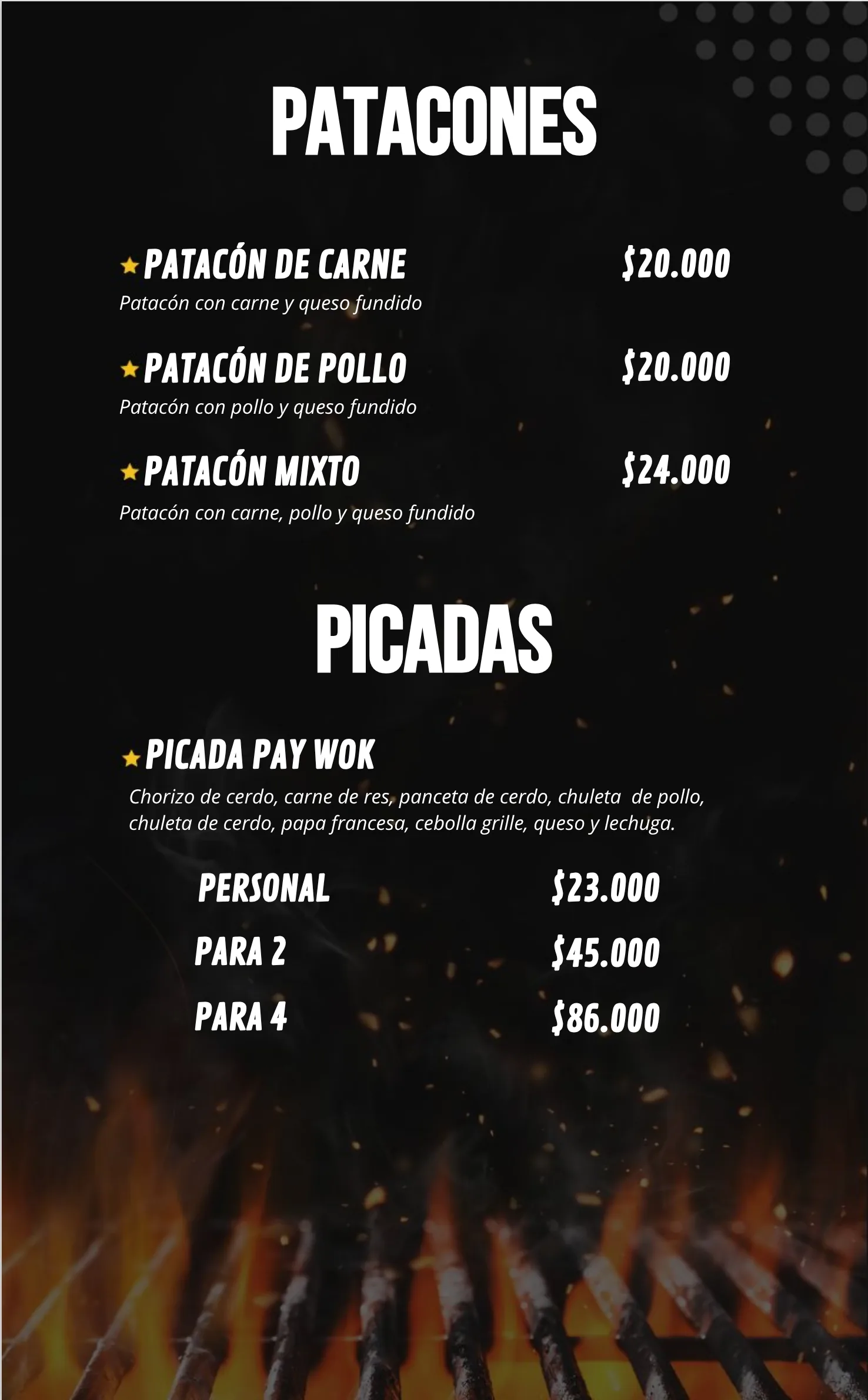 Patacones y picadas con precios