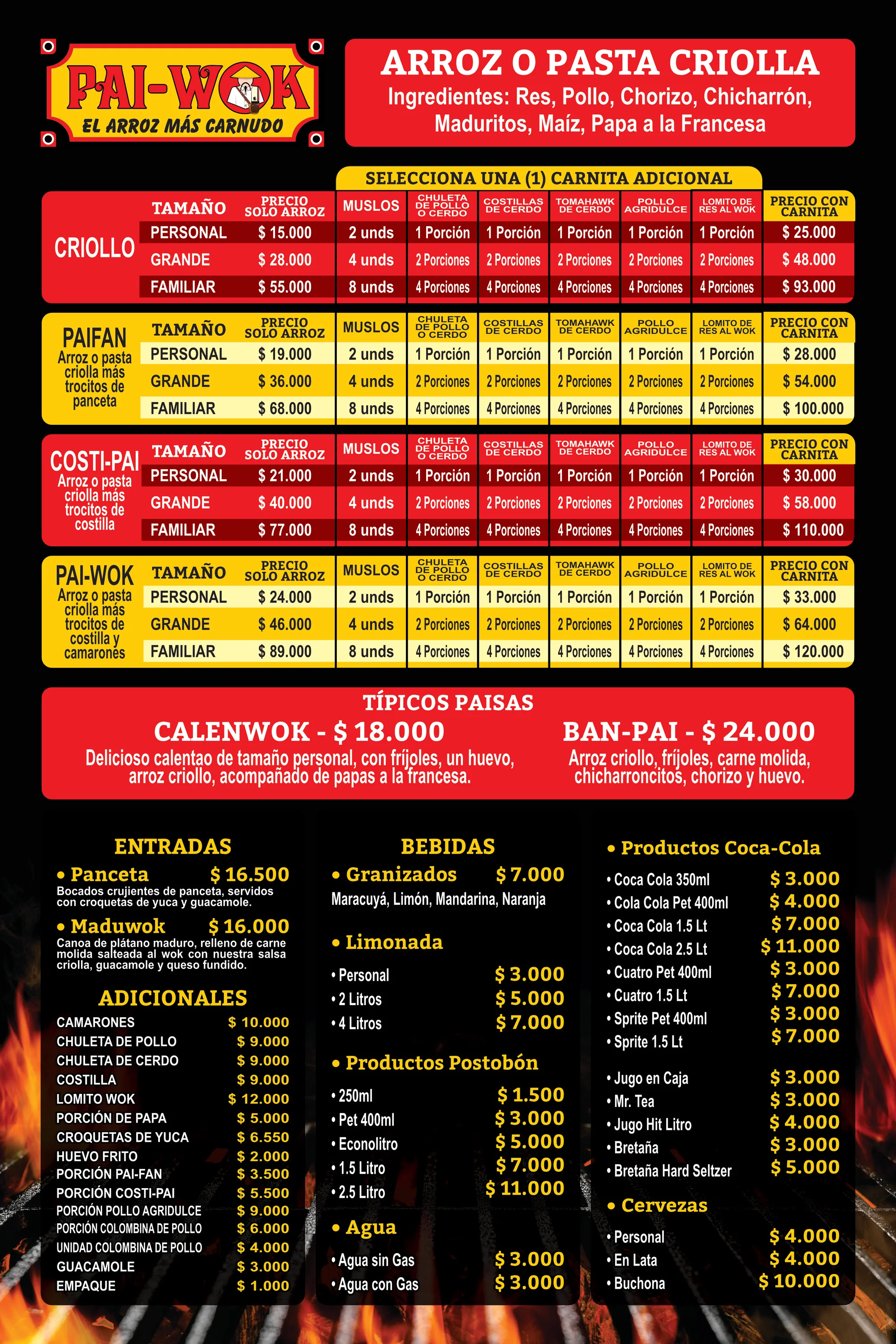 Carta Pai-Wok 2026: arroz o pasta criolla, Paifan, Costi-Pai, típicos paisas, entradas, adicionales y bebidas con precios